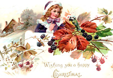 Raphael Tuck & Sons Christmas Postcard Antique Lovely Girl Berries Bird Snow picture