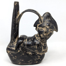 Pre Columbian Chimu Peruvian Blackware Figural Man Whistle Stirrup Vessel HR21 picture