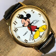Vintage Timex Disney Mickey Mouse Unisex Gold Tone Black Leather Watch 7 1/4