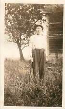 1920s Old Man Walking Cane Hat Suspenders Field Tree Character B&W Photo picture
