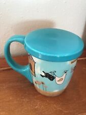 Lang EMBRACE SIMPLE Turquoise Blue w Bird Watering Flowers Ceramic Coffee Mug Cu picture