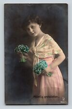 Swedish Heartfelt Congratulations Girl in PInk w/ Blue Flowers RPPC Vintage 1919 picture