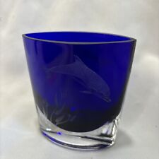 Vintage Cobalt Blue Etched Dolphin Vase Signed picture