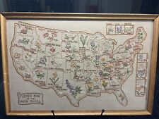 Vintage Needle Point Sampler Embroidered Map of United States & State Flowers picture