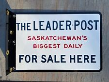 Vintage SASKATCHEWAN LEADER-POST Porcelain Flange SIGN Canadian Paper Original picture