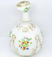 Antique Victorian Blown Milk Glass Barber Bottle & Stopper Hand Painted Floral picture