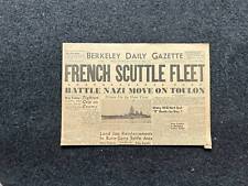 WW2 1940 France Scuttles Fleet Vintage Newspaper, German Advances into France,  picture