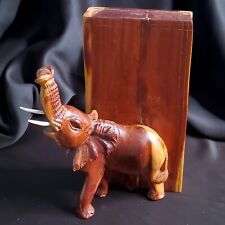 Vintage Hand Carved Elephant Bookend Solid Wood 10