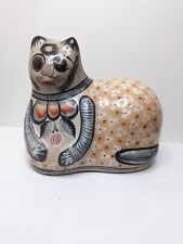VINTAGE Large Tonola Mexico Pottery Folk Art Painted Cat Figurine  picture