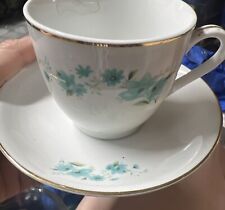 Vintage White Tea Cup and Saucer Gold Edge Blue Flowers VERY NICE SEE PICS  picture