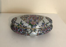 Vintage Oval Shaped Trinket Box Purple Pink Blue Green  Floral Design 7.5