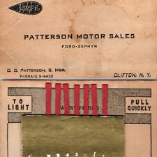 c1930s Clifton, NY Ford Lincoln Zephyr V12 Patterson Business Card +Matches C49 picture