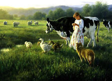 Dream-art Oil painting young shepherdess girl with sheep ducks cow dog canvas picture
