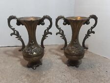 Vintage Brass Ornate Footed Bud Vase Floral Pattern Double Handle Italian Set 2 picture