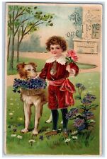 c1905 Valentine Boy And Dog Pansies Flowers Basket Embossed Antique Postcard picture