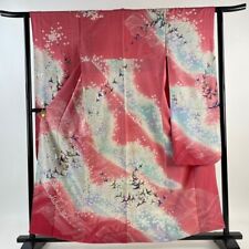 Japanese Kimono Furisode Sign And Seal Bird Cherry Blossom Silver Paint Pink picture