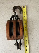 Antique 11” ANVIL LOGO Wood DOUBLE WHEEL PULLEY Wooden Block and Tackle VINTAGE picture