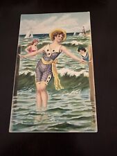 Beach Bathing Beauty Postcard Scene.  High Fashioned Antique Summer Swimwear. picture