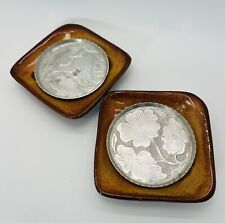 Vintage Set of 2 Aluminum Coasters Embossed Floral Fluted Edge, Stone Base picture