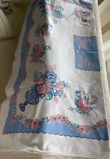 Vintage Simtex Printed Tablecloth 47 X 50 White Blue Pink Roses Square Retro picture
