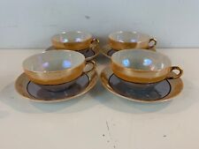 Antique Takito Japanese Porcelain Iridescent Grey & Gold Set of 4 Cups & Saucers picture