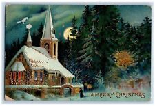 Christmas Postcard Church Winter Scene Embosses Gel Gold Gilt c1910's Antique picture