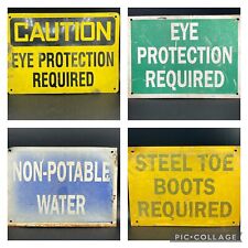 Vintage Metal Sign Lot Workplace Caution Steel Toe Eye Protection Aluminum Work picture