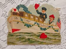 Vintage 1930s Valentine's Day Card Die Cut American Flag Patriotic Boat picture