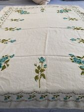 Festive Vintage 1960's Aqua Turquoise Rose Linen Tablecloth 49” X65” Cream Olive picture