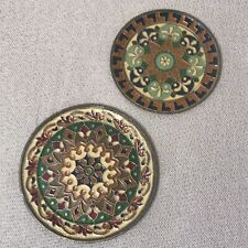 Vtg Byzantine Mosaic Designs Enamel Work On Brass Wall Plates Hangings Set Of 2 picture