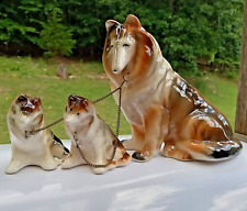 VINTAGE CERAMIC COLLIE DOG WITH CHAINED PUPPIES APP 5
