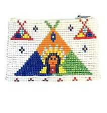 Vintage Authentic Native American Beaded Coin Purse with Zipper Tee Pee Pipe picture