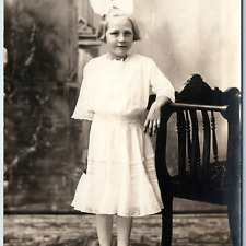 c1910s Cute Little Girl Portrait RPPC White Dress Fashion w/ Hair Bow Photo A212 picture