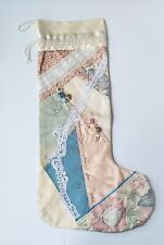 Victorian Style Christmas Stocking Green Beige Lace Satin 20