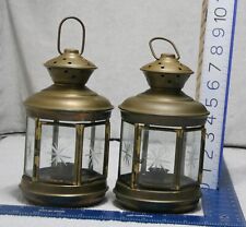Pair (2) Antique Hanging lanterns Xmas candlestick Rare , brass Etched glass 60s picture