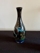 Vintage DINK HOA Hand Painted Dolphins Black Lacquered 10” Vase Made In Vietnam picture