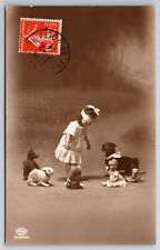 Vintage Postcard French Girl Playing Hide & Seek with Doll, Dog, Bunny etc. picture
