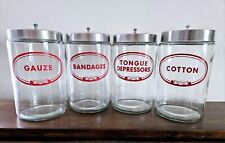 Set of 4 MERCO Glass Medical Apothecary Jars BANDAGE COTTON GAUZE TONGUE + LIDS picture