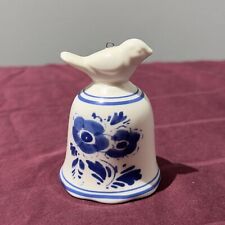 Blue & White Ceramic Hanging Bell Ornament With Figural Bird 3