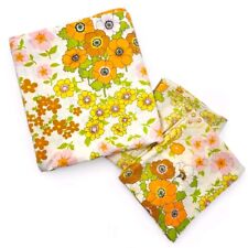 Fieldcrest Perfection Flat Sheet & 2 Pillowcases 70s Floral Orange Yellow Queen picture
