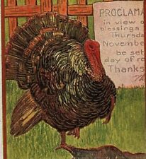 c1909 Thanksgiving Turkey Postcard Vtg Fence Farm Sign Proclamation Gold Trim picture