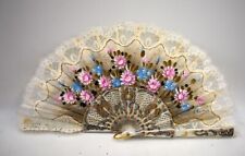 GORGEOUS ANTIQUE HAND PAINTED FOLDING FAN W/ LACE, CARVED STAYS picture
