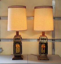 2 Vintage Large Table Lamps Wood Antiqued Brass Flickering Candles by MJW picture