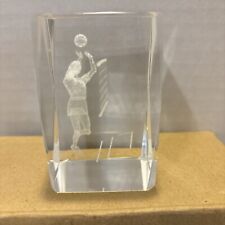 Crystal Clear Glass Cube Paperweight 3-D Laser Etched Women Volleyball 3” Tall picture