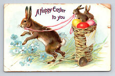 1908 TUCK's Anthropomorphic Rabbit Bunny Mom Pulls Kids in Basket Postcard picture