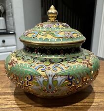 Vintage Cloisonné Enameled Low Lidded Trinket Bowl Green & Gold 3.25”H x 3.75”D picture