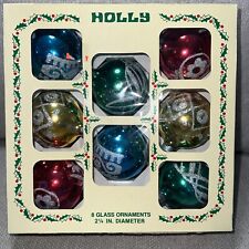 Box Of 8 Vintage Holly Glass Stencil Glittered Christmas Ornaments USA 2.25” picture