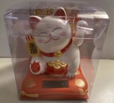 Solar Powered Welcoming Lucky Beckoning Hands Waving Fortune White Cat ,4” Tall picture