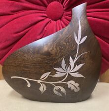 Vintage Laurence Larry Favorite Ironwood Vase Silver Turquoise Inlay Flower picture
