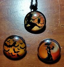 Halloween Flying Witch Classy Witch and Bats Glass PINS & PENDANT SET picture